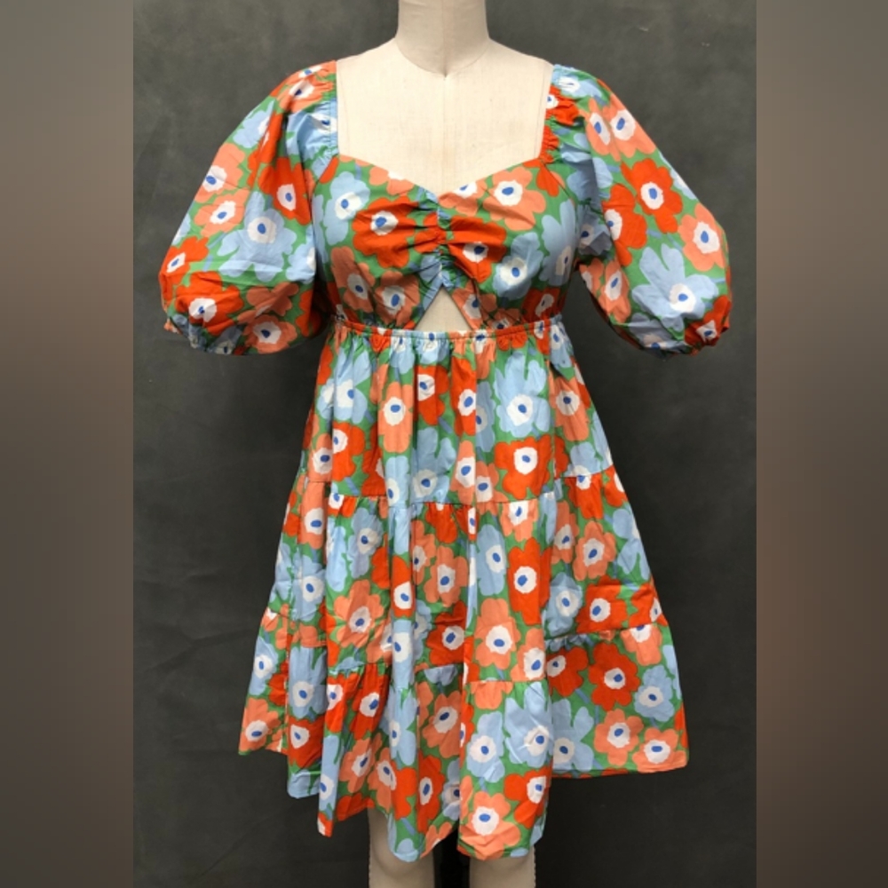 ORANGE/LT BLUE FLORAL MIDI DRESS